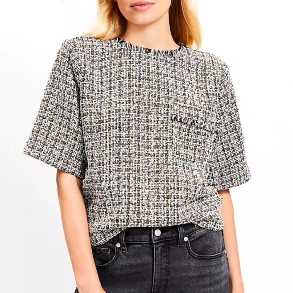 NEW! ANN TAYLOR LOFT Mettalic Fringe Tweed Pocket Tee XL.